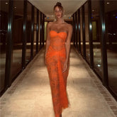 Hollow Out Lace Sheer Ruched Maxi Dress InsStreet